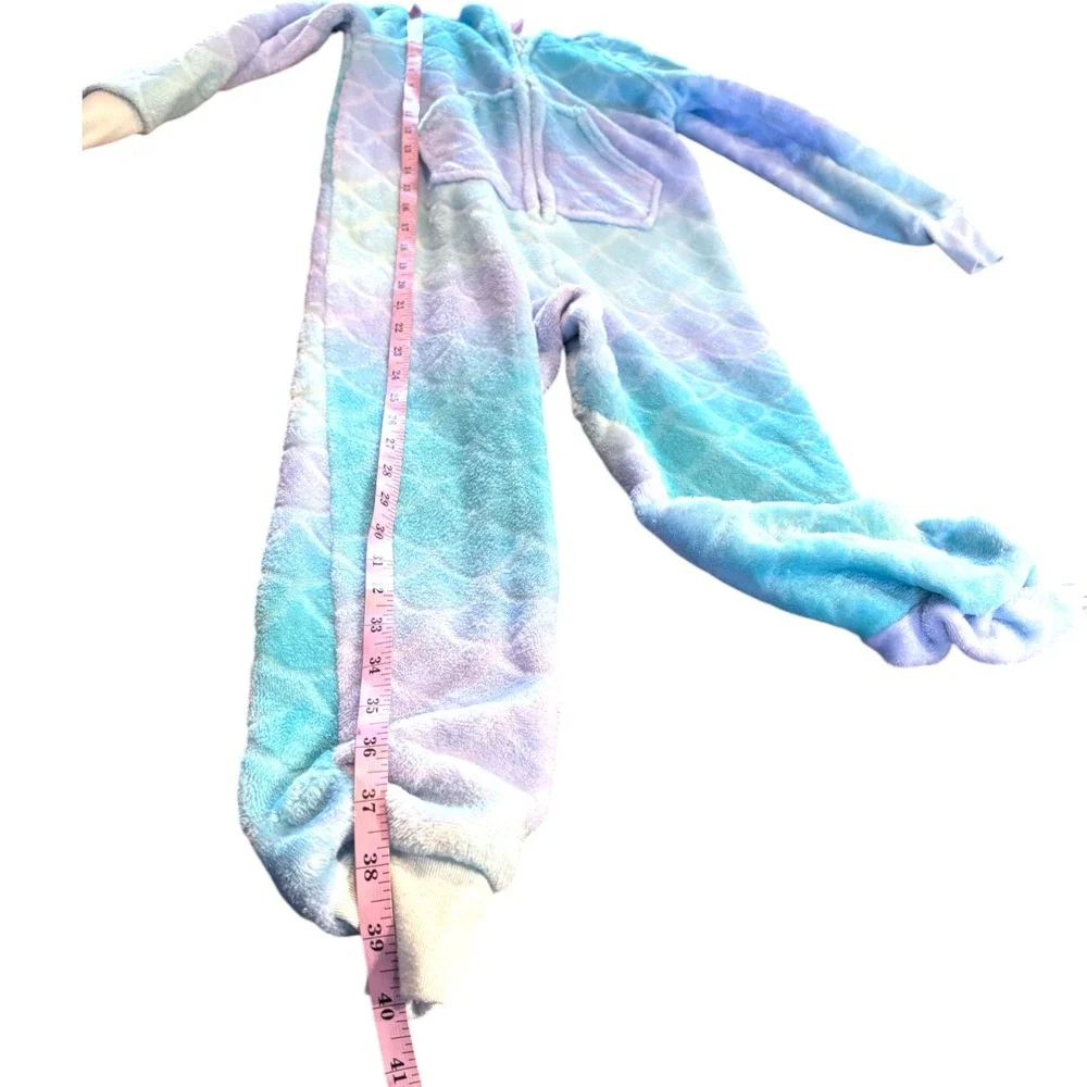More Than Magic Kids Blue‎ Purple Mermaid Scale Fleece Hooded Union Suit XS 4/5